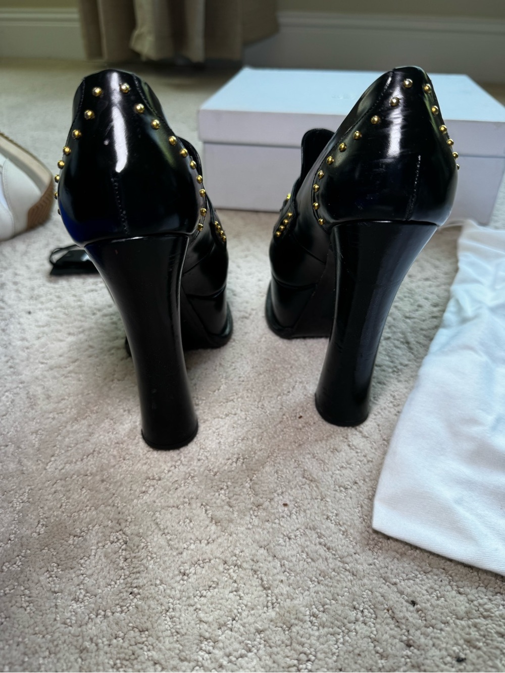 Versace Black Platform Gold Studded Loafer Platform Heels with Medallion - Picture 4 of 10
